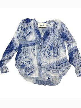 mii Aux 1001 Nuits 100% silk blue white patterned blouse XS
